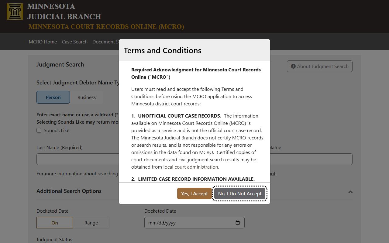Polk County court dockets MCRO Judgment Search screen