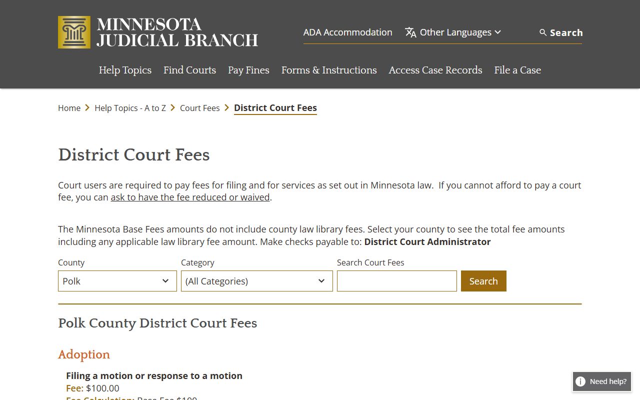 Polk County probate records District Court fee schedule